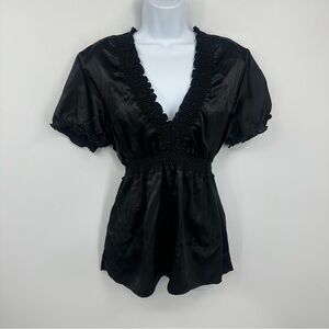 Vintage Y2K Black Cinched Waist Short Sleeve Blouse Size Large Whimsical Goth